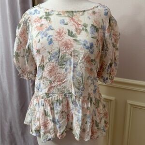 Cream Floral Peplum Blouse with Short Sleeves